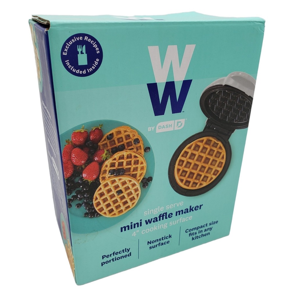WW by Dash Mini Waffle Maker White Single Serve 4" Nonstick NEW Includes Recipes
